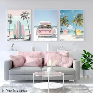 3pcs Beach Wall Art, Tropical Teen Girl Canvas Poster, Surfboard Palm Tree Wall Decor, Ocean Inspired Design, Suitable for Bedroom Bathroom Living Room