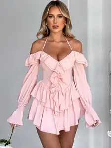 Women's Plain Off Shoulder Ruffle Halter Vintage Romper, Back To School Outfits Womenswear, Lady Summer Clothes, Sexy Flounce Sleeve Romper for Spring & Fall, Holiday Outfits 2024