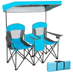 Foldable Double Camping Chair with Canopy, 4-in-1 Outdoor Loveseat with Removable Cooler Table & Cup Holders, Portable Beach Chair with Carry Bag for Camping Sports Tailgating Picnic
