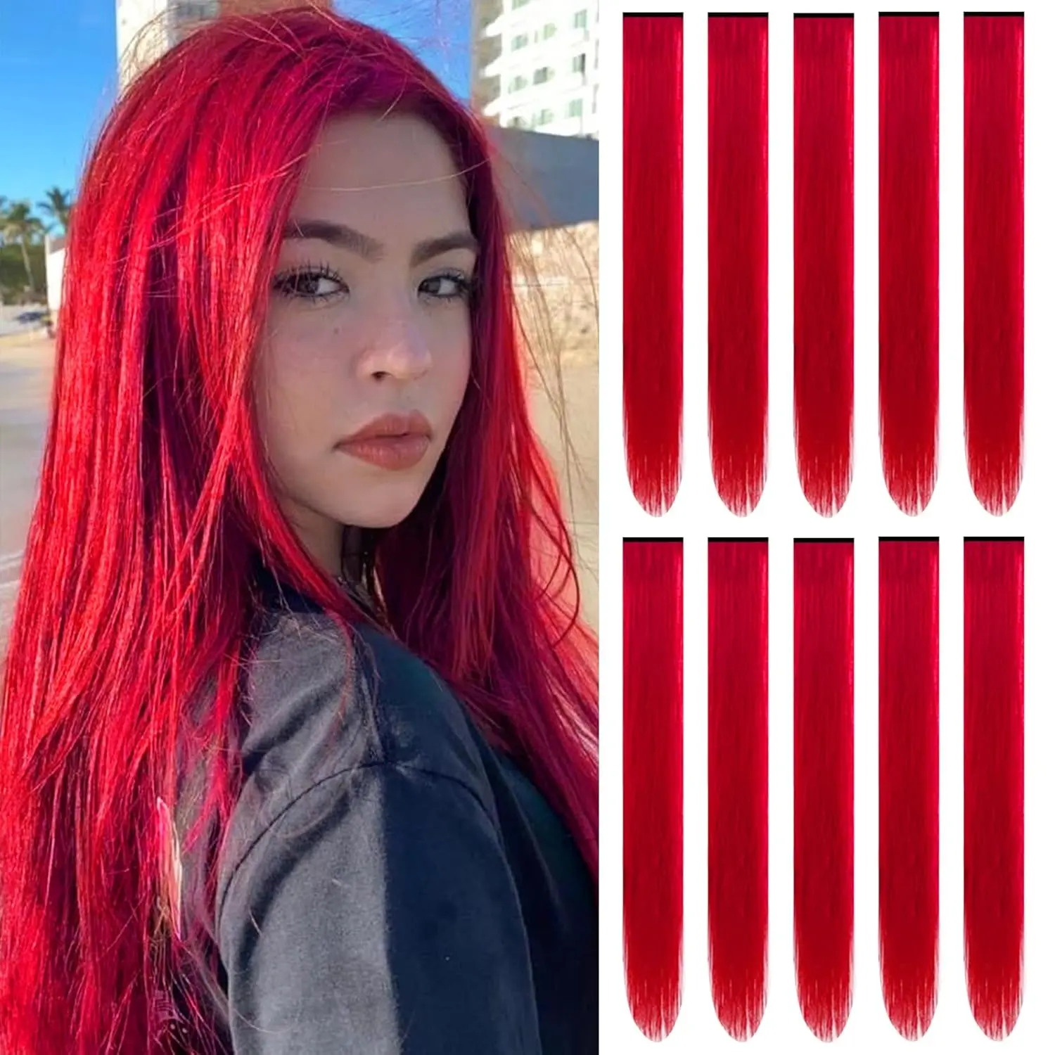 Red Clip-in Hair Extensions for Women, 10 PCS 22-in Straight Synthetic Highlights, Heat-Safe Hairpiece for Costume Party & Casual Wear, Clip-On Straight Hair Extensions, Easy To Use, Female, Synthetic Fiber