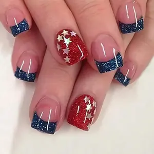 24pcs Ice Candy Apple Short Press-On Nails, Glittering Glossy Fake Nails Set, American Flag Independence Day Wearable Nail Art, Trendy European Style for Women Girls