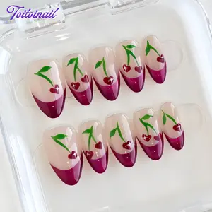 Cherry Bloom Handmade Press-On Nails | Short Almond Shape, 10pcs | Nude Base Burgundy French Hand Painted Cherry | Summer Dopamine Aesthetic | For Daily, Picnic, School | High Gloss | Reusable DIY Nail Art French Tip Kit