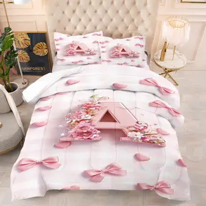 Sweet & Cute Initial A-M Pattern Princess Comforter Set, Includes 1 Comforter & 1-2 Pillowcases, Pink Gingham & Floral Letter, Bows & Hearts, Soft Comfort, Girly Bedding Set, Ideal for Creating a Dreamy, Girls Bedroom