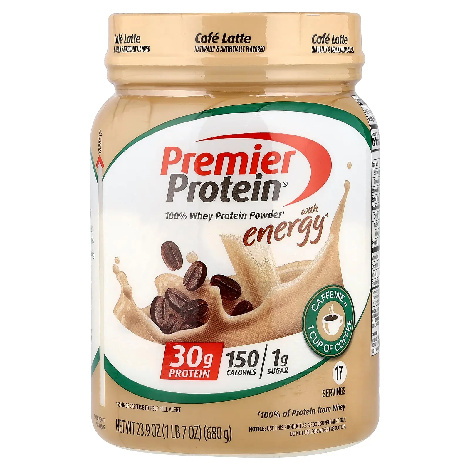 Premier Protein 100% Whey Protein Powder with Energy, Cafe Latte, 1 lb 7 oz (680 g)