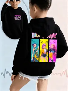 Girls' Kpop Demon Hunters Cartoon Print Hoodie, Casual Fitted Long Sleeve Sweatshirt for Spring & Fall, Comfortable Trendy Pullover, Graphic Hoodie