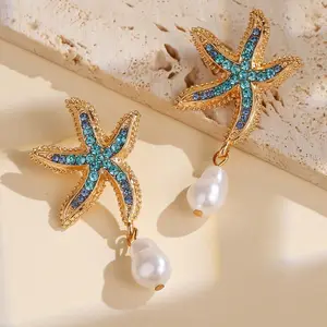 Summer Starfish Pearl Earrings for Women Blue Inlaid Vacation Ocean Style Fashion Trendy Beach Earrings