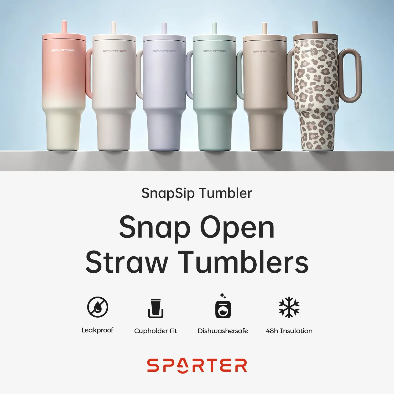 Sparter SnapSip | Leak-Proof Travel Insulated Tumbler with Straw | 40OZ | Cup Holder Fit Silicone