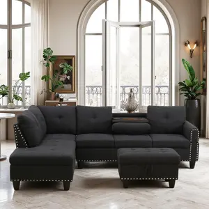 The living room uses a sectional sofa with cup holders, convertible into a 4-seat modular sofa set, suitable for the living room. It can be arranged in L-shape or U-shape and can be paired with a storage ottoman, in dark gray.