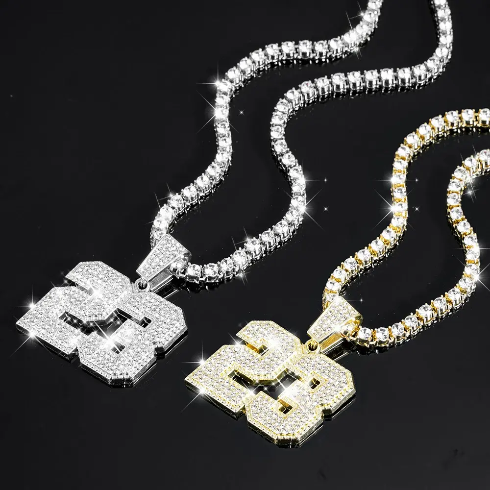 Men’s number 23 pendant necklace, iced-out tennis chain in hip-hop style for parties and everyday wear. A very beautiful necklace.