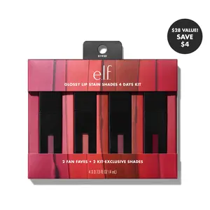 e.l.f. Glossy Lip Stain Shades 4 Days Kit, 4 Long-Lasting Lip Stains in 2 Fan-Fave & 2 Kit-Exclusive Shades for Long-Lasting Color 4mL