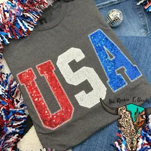 USA Embroidered Tee - Grey Comfort Colors T-Shirt with Red, White, and Blue Design And Real Sequins