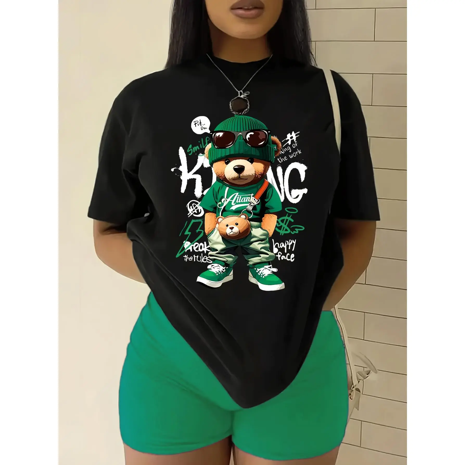 100% Cotton Women'S Casual Bear Graphic T-Shirt, Knit Fabric, Crew Neck Short Sleeve Top, Regular Length, Alphabet Pattern, All Season Wear