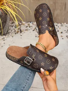 These stylish star-patterned mule slippers feature a cozy insole, adjustable buckle, and slip-on design for everyday comfort and trendy casual wear.
