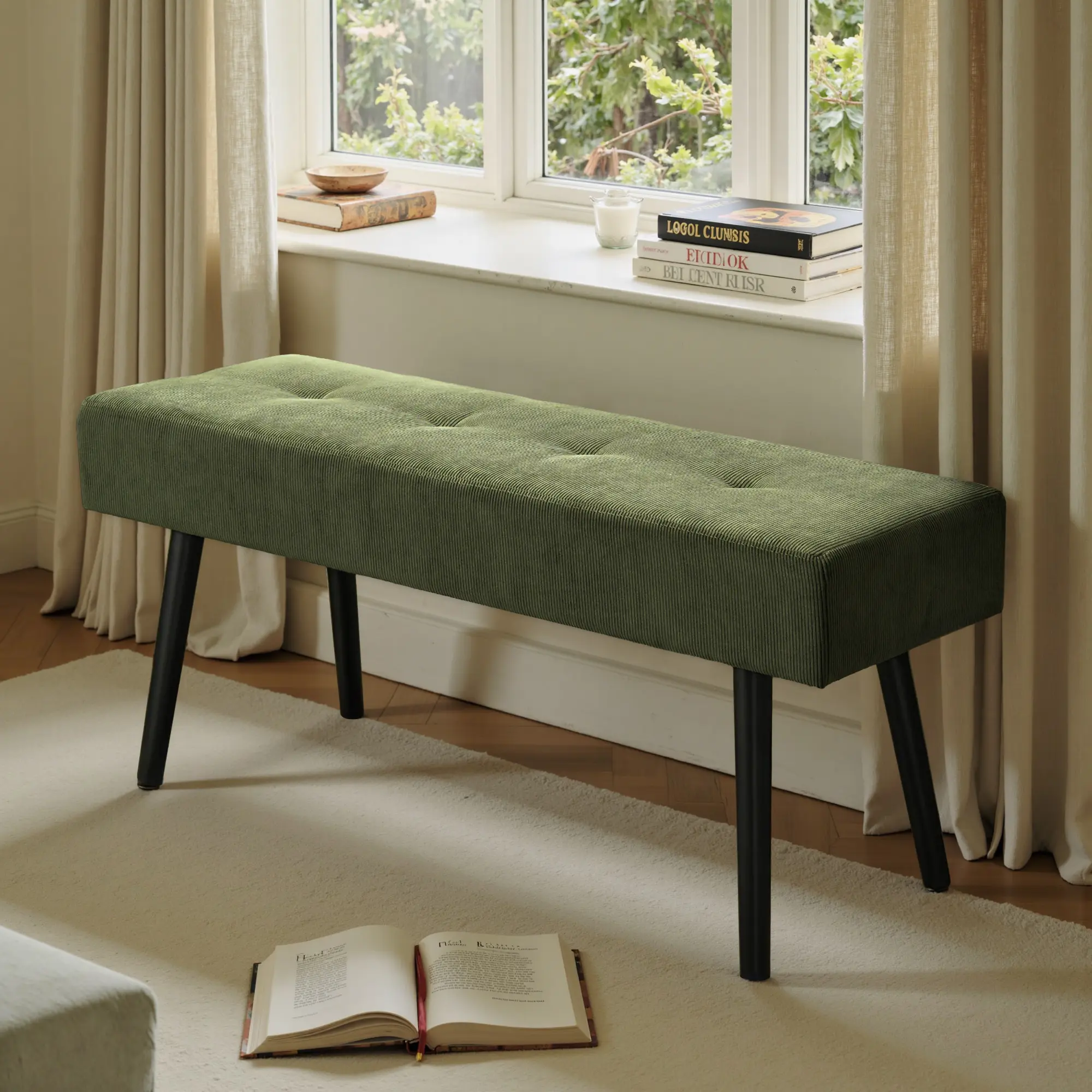 Modern Corduroy Padded Bench for Bedroom, Living Room, Foyer, Mudroom & Hallway – 39" L x 14" W x 17" H – Entryway Bench, Ottoman End of Bed