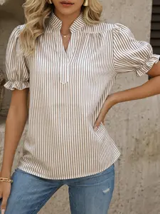 Spring Summer French Commute Striped Short Sleeve Shirt, Stand Collar Half Button Ruffle Sleeves, Casual Fitted Blouse for Work and Daily Wear