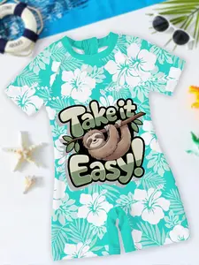 Take it Easy Sloth Kids Short Sleeve Rash Guard, Mint Green Hibiscus Print, Cute Relaxing Sloth, UV Protection, Quick-Drying, Perfect for Summer Water Play