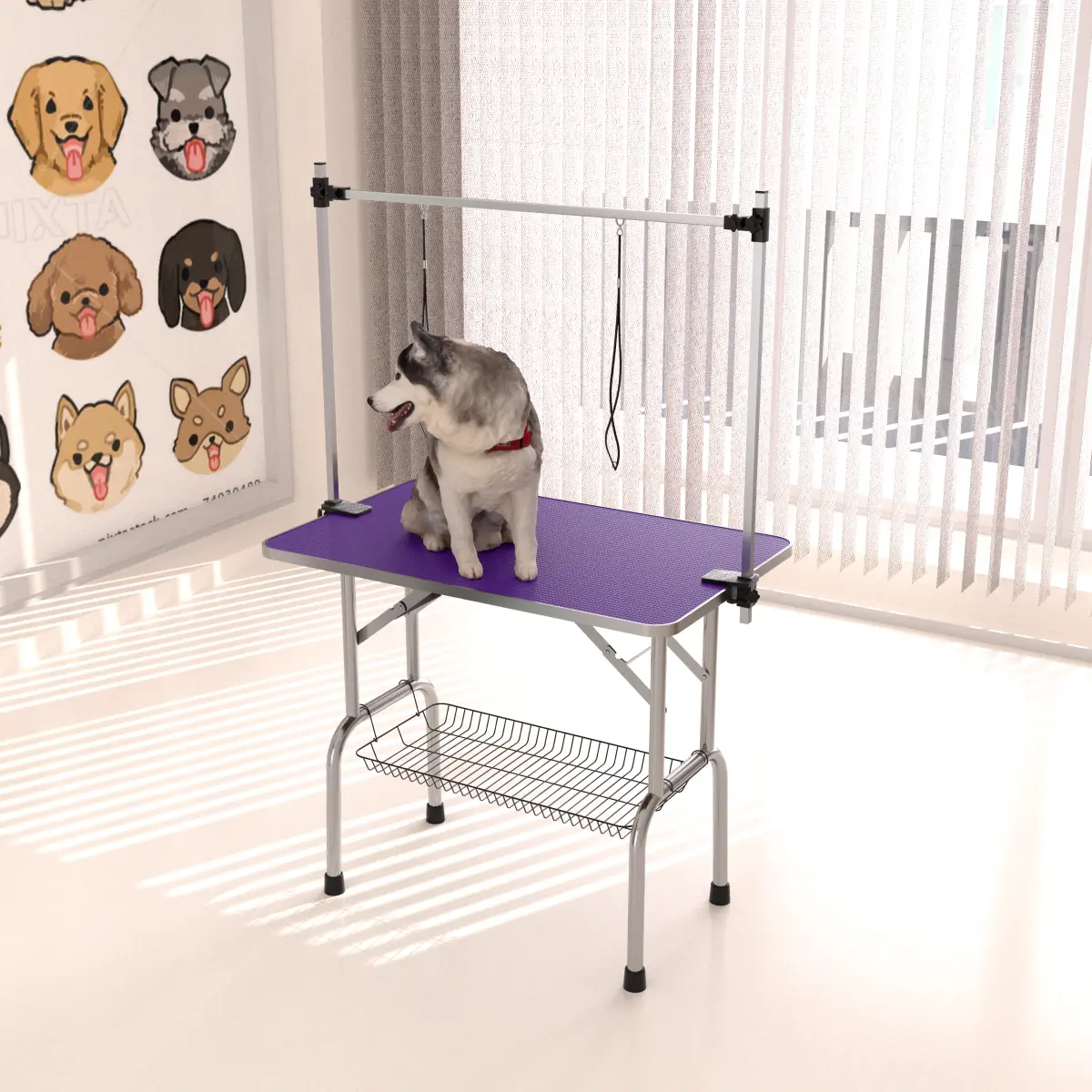 36“/42"/46'' Pet Grooming Table for Large Dogs Adjustable Height Portable Trimming Table Drying Table w/Arm/Noose/Mesh Tray Maximum Capacity Up to 265Lb, Blue