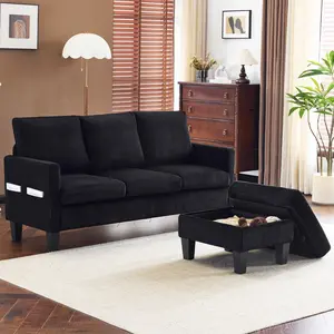 【Father's Day Gift】  Convertible Sectional Sofa, L Shaped Couch with Storage Ottoman, Corduroy 3-Seater Couch for Small Space Living Room Black