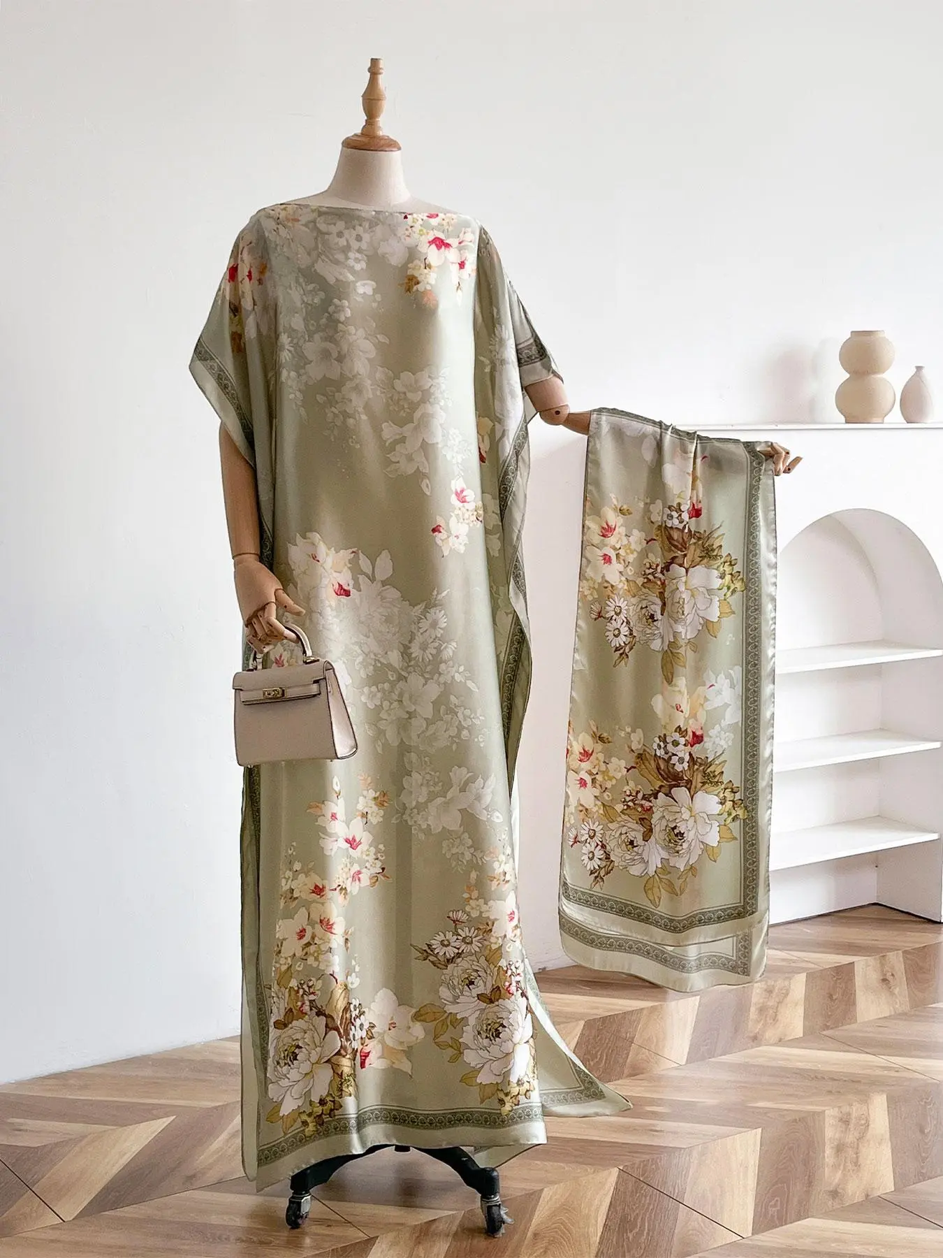 Women's Floral Print Kaftan Style Dress & Scarf Set, Boho Casual Long Dress & Shawl Set for Beach Vacation Holiday, Ladies All Season Outfit