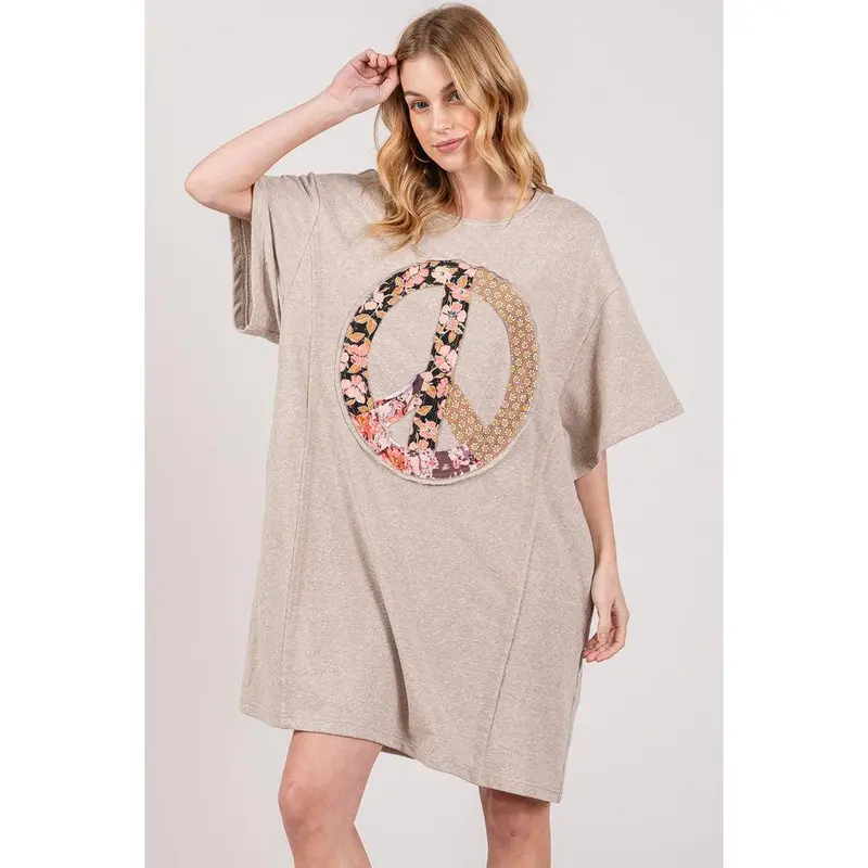 SAGE + FIG Full Size Peace Sign Applique Short Sleeve Tee Dress