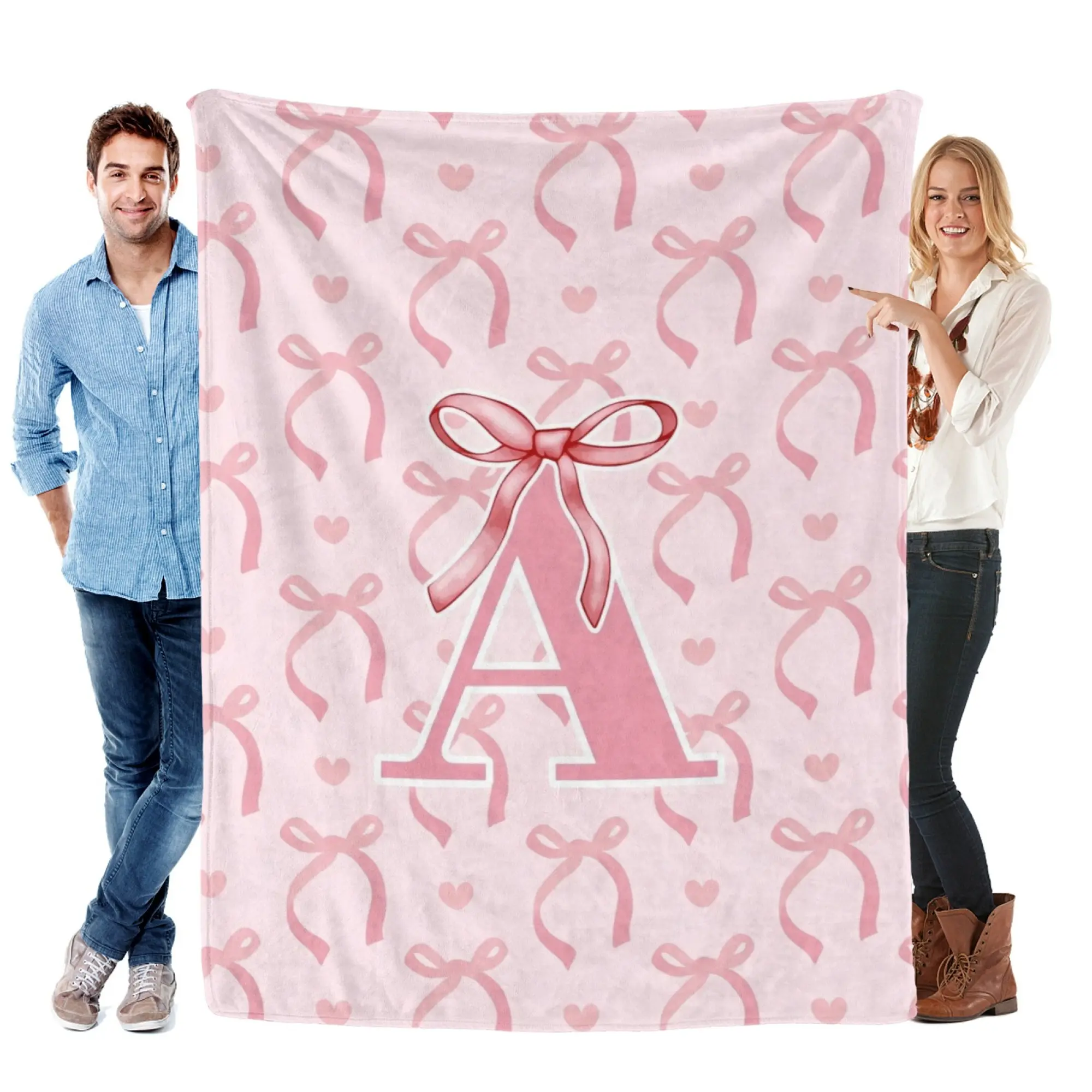 Custom A-Z Initial Monogrammed Soft Flannel Throw Blanket - Unisex Durable Bedding, Black Pink Design, Multiple Sizes for Home Room House Decor & Cozy Setup (Customized Blankets for Indoor Bedroom, Office)