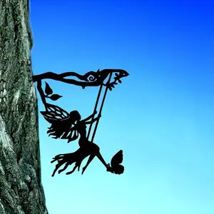 Swinging Elf on Branch Steel Silhouette Stake Outdoor Fairy Garden Yard Patio Wall Art Decor Garden Accessories
