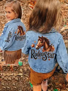 Girls' Denim Jacket Spring Fall, Western Cowboy Boots Pattern Print, Stylish Versatile Denim Top, Casual Outerwear for All Seasons, Letter Jacket