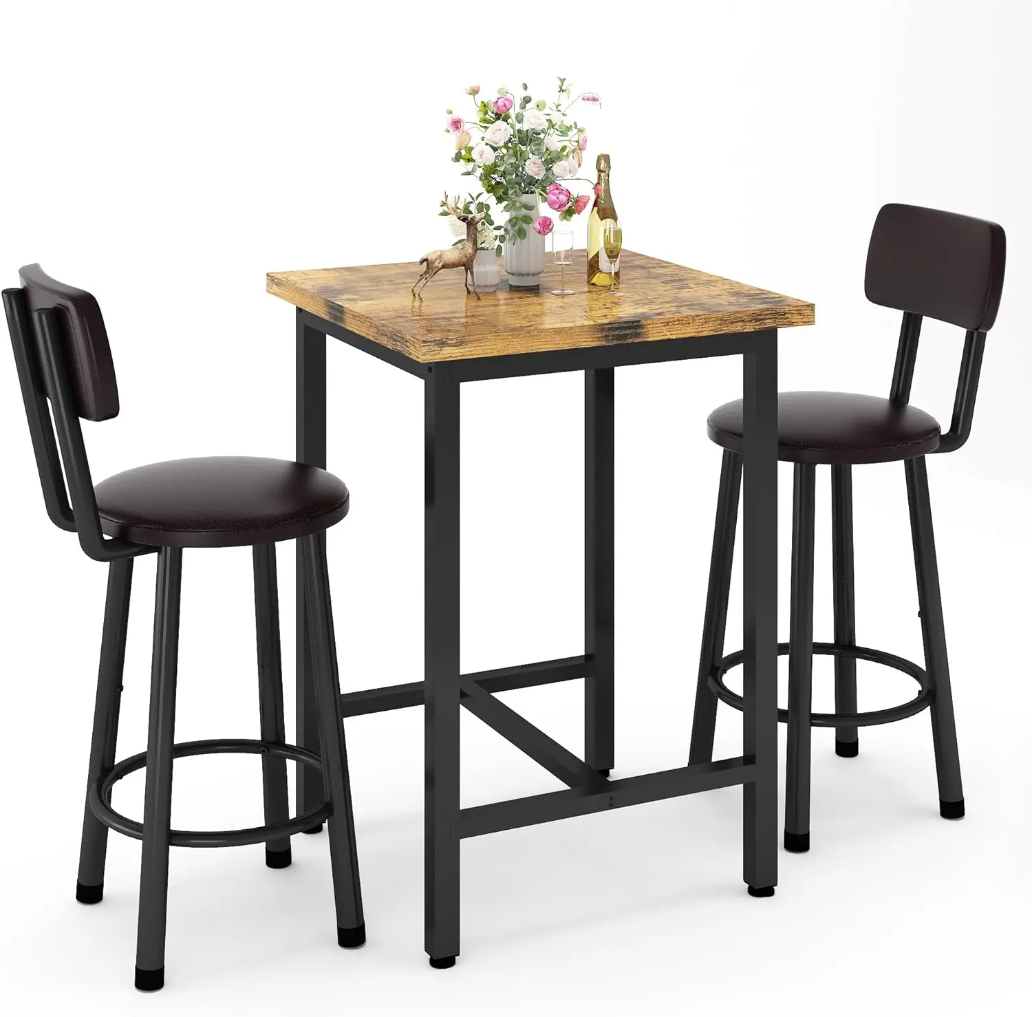 Recaceik 3-Piece Modern Pub Dining Set, 24-Inch Counter Height Bar Table with 2 Stools, Rustic Brown Antique Furniture, Sturdy Metal Frame, MDF Compact Design for Kitchen Use, Durable