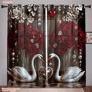 2D Flat, 2pcs, 2D flat printing, romantic Valentine's Day fabric thin semi transparent perforated curtains, Romantic style swans and roses curtainUsed for home decoration in bedrooms, living rooms, kitchens, cafes, and study rooms., 2D Flat