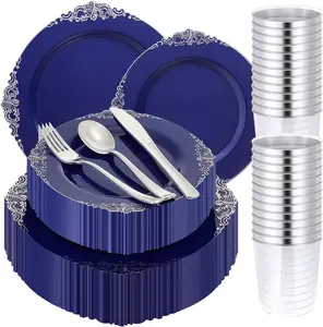 300 Pcs Navy Blue Duty Blue and Silver Disposable Dinnerware, Include 50 10.2" Dinner, 50 7.5" dessert Dinnerware and 150 Silver Silverware for Weddings
