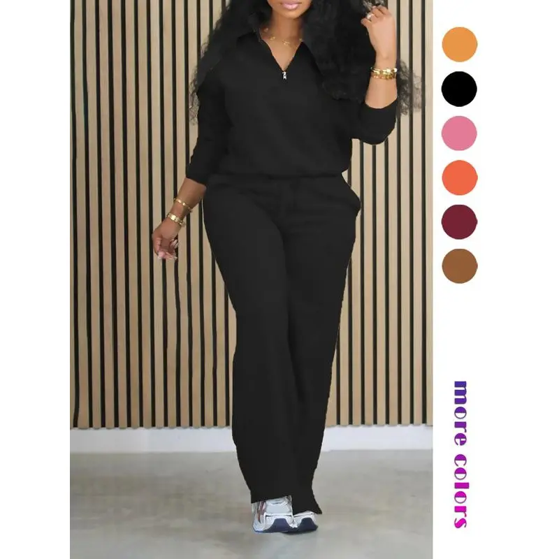 Christmas Gift Women's Solid Half Placket Split Hem Pants Set, Casual Long Sleeve Top & Pocket Wide Leg Trousers for Summer, Ladies Clothes for Daily Wear, Hourglass Body in Baggy Clothes, Fall&winter Outfits, Christmas 2024 Trend