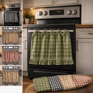 Farmhouse Oven Skirt, Grid Pattern Ruffle Edge Kitchen Stove Cover Panel, Decorative Cabinet Cover for Oven