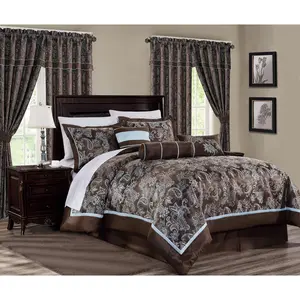 CHEZMOI COLLECTION Tuscany 7-Piece Paisley Floral Jacquard Woven Comforter Set with Soft Blue Piping