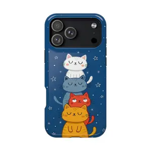 Cute Stacked Cats Starry Night Case for iPhone 12 13 14 15 16 17 Pro Max