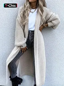 Women's Soft Solid Color Drop Shoulder Split Hem Long Cardigan, Casual Long Sleeve Open Front Knitwear for Fall & Winter, Fashion Women's Knit Clothing for Daily Wear