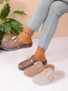 Women's Summer Fashion Rhinestone Half-Draped Sandals, Transparent Jelly Material, Breathable Non-Slip, Metal Buckle Decor, Versatile Home & Outdoor Wear, Unique Sandals, Footwear