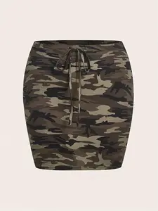 [Plus Size] Camo Print Camouflage Drawstring Waist Fitted Bodycon Skirt, Casual Street Short Skirt for Daily Wear, Women's Plus Size Bottoms for All Seasons, Casual Skirts, Womenswear