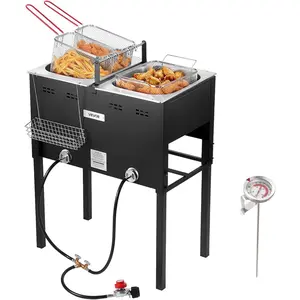 Christmas present Outdoor Propane Deep Fryer, Dual-Tank 16QTx2 Large Capacity Commercial Fryer, Stainless Steel Fish Cooker with 3 Basket, Thermometer, Floor Standing Fryers for Catering Event Camping, 50,000 BTU