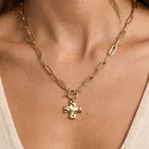 2026 New Trendy Hammered Cross Necklace Gold Plated Statement Jewelry for Party Gift Unique Minimalist Design Unisex Accessories
