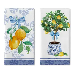 Italy Capri Lemon Tree Kitchen Dish Towels Set of 2, Amalfi Coast Citrus Blue White Porcelain Drying Hand Towel Baking Cooking Cloth, Summer Mediterranean Bow Bathroom Home Decor 18'' x 26''