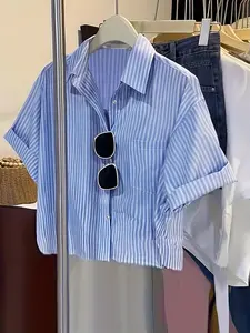 Women's Striped Print Button Front Crop Shirt, Casual Drop Shoulder Short Sleeve Pocket Top for Summer, Ladies Clothes for Daily Wear