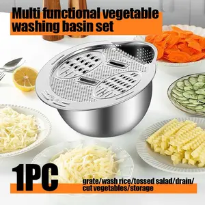Multifunctional Washing Basin Set, Kitchen Cooking Bowl, Slicer, Grater, Salad Bowl, 304 Stainless Steel Drain Basket, Non-Slip Bottom