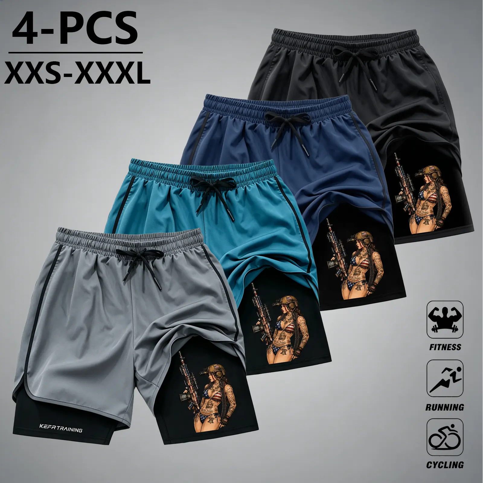 Men' s 2-in-1 quick-dry featuring tactical tattoo girl print,Slim Fit Compression Training Shorts ,built-in undershorts,drawstring elastic waistband, anti-chafing design forfitness, running, and, Independence Day. loose athletic fit