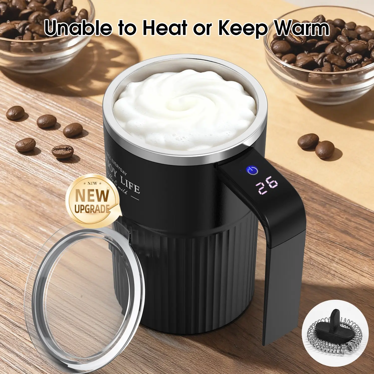 Upgraded Milk & Coffee Frother Stirring Mug, Drink Foamer, Durable, Intelligent Temperature Display, USB Rechargeable Drink Mixer, Automatic Stirring Cup, Suitable for Coffee, Tea & Hot Chocolate