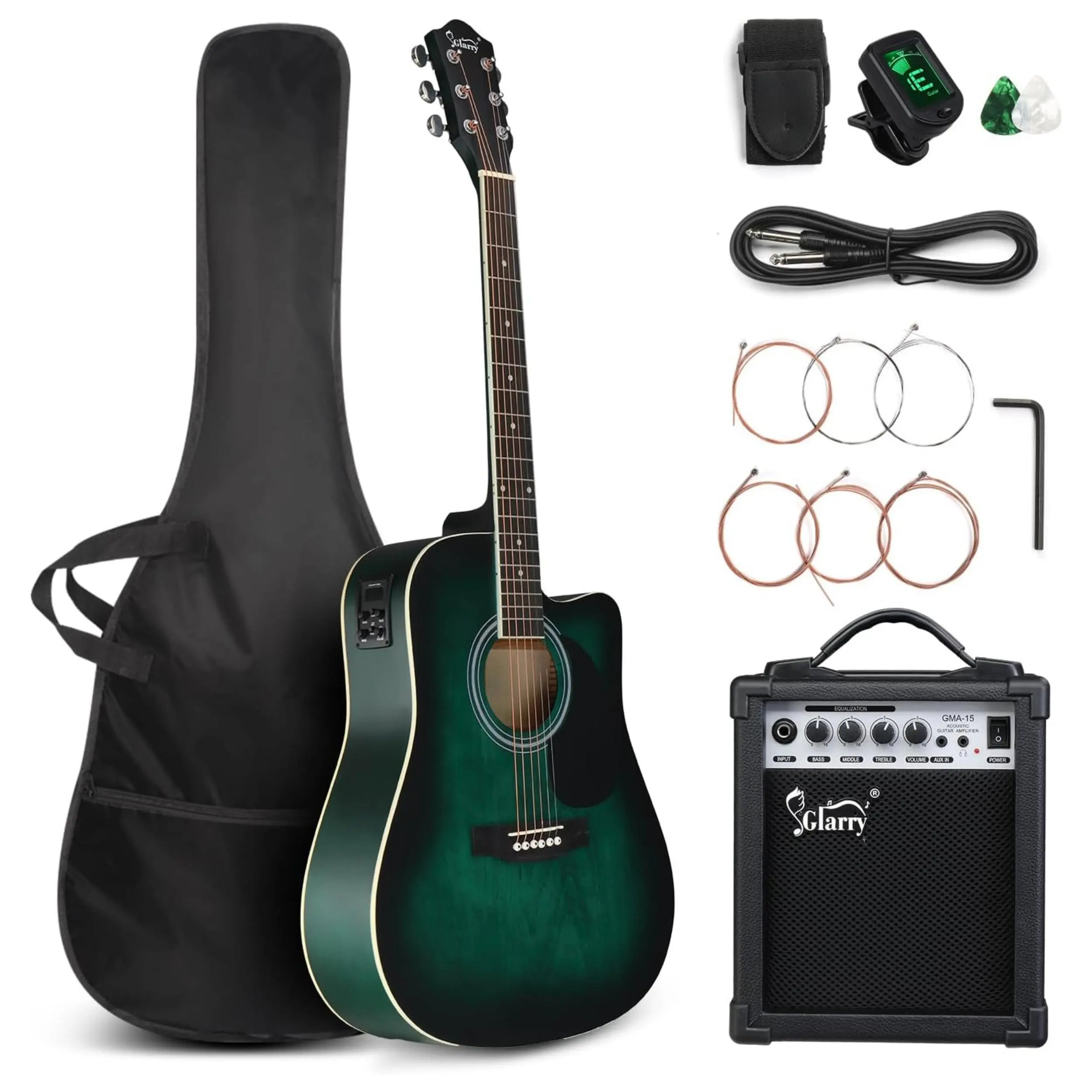 Ktaxon Glarry Full Size 6 Strings Acoustic Electric Guitar Beginner Kit w/ 15W Amp, Cutaway 41 Inch Electric Acoustic Guitar w/Inbuilt Tuner, Bag, Strap, Picks, Strings, Basswood Guitarra, Distressed Green