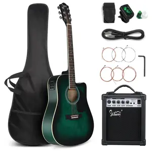 Ktaxon Glarry Full Size 6 Strings Acoustic Electric Guitar Beginner Kit w/ 15W Amp, Cutaway 41 Inch Electric Acoustic Guitar w/Inbuilt Tuner, Bag, Strap, Picks, Strings, Basswood Guitarra, Distressed Green