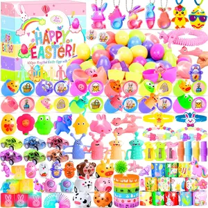 Easter Gift  200 Pcs Prefilled Easter Egg Toys Set Include 100 Pastel Color Plastic Eggs Filled with 100 Assorted Mini Novelty Toys and Stickers for Easter