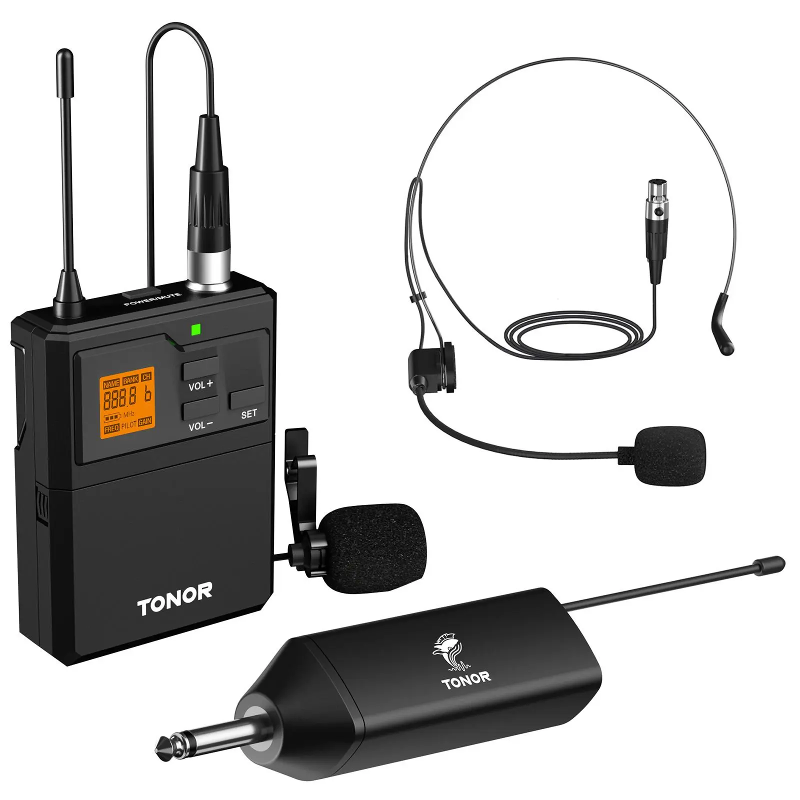 TONOR UHF Wireless Microphone System - Portable, Adjustable, 15 Channels, 200ft Range, Rechargeable Receiver, 6.35mm Jack, Headset/Lapel Mic for Live Performance, Recording & PA Speaker, 6.35 Mm Jack
