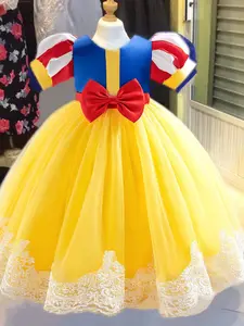 Girl's Colorblock Floral Embroidery Bow Front Tulle Fit and Flare Princess Dress with Hairband, Elegant Puff Sleeve Round Neck Zipper Back Mesh Party Dress for Party, Kids Clothes for All Seasons