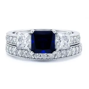 3-Stone Sapphire-Blue Princess CZ Ring Set in Sterling Silver